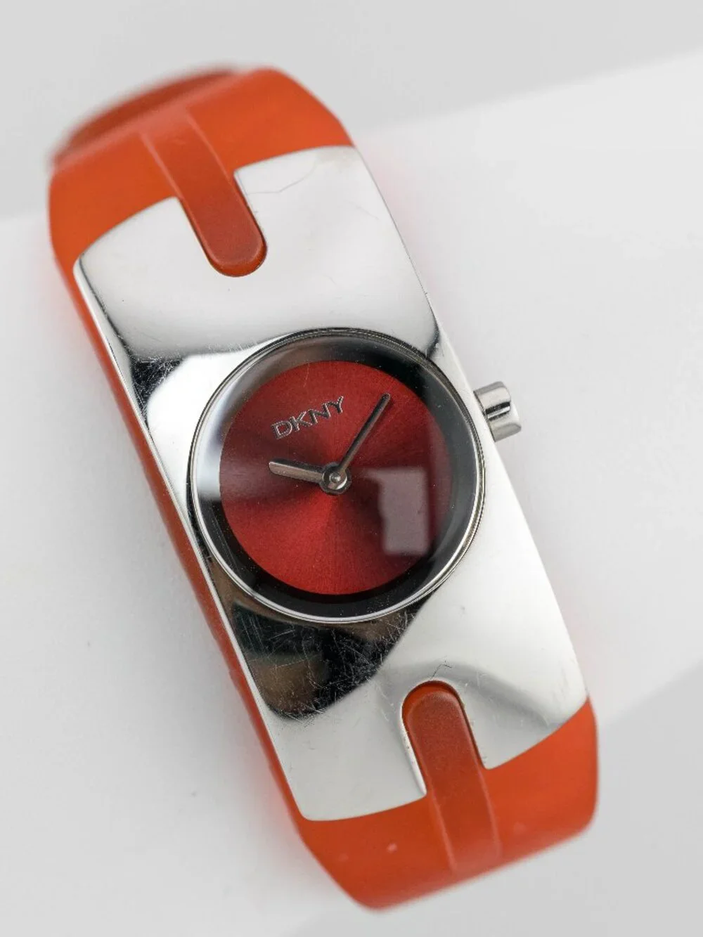 DKNY Orange Silicone Bangle Cuff Red Quartz Analog Women's Watch New Battery